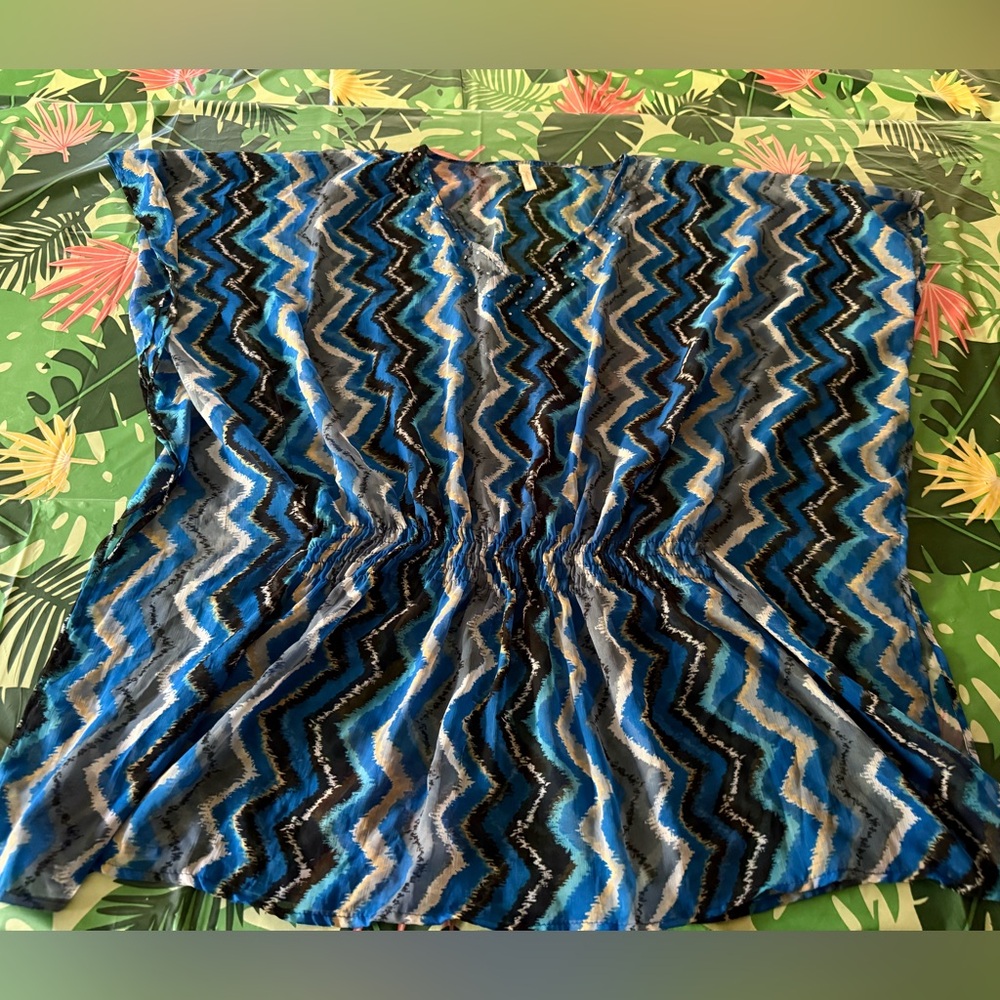 Collection Eighteen Blue Black Zigzag Smocked Sheer Swim Coverup Summer One Size